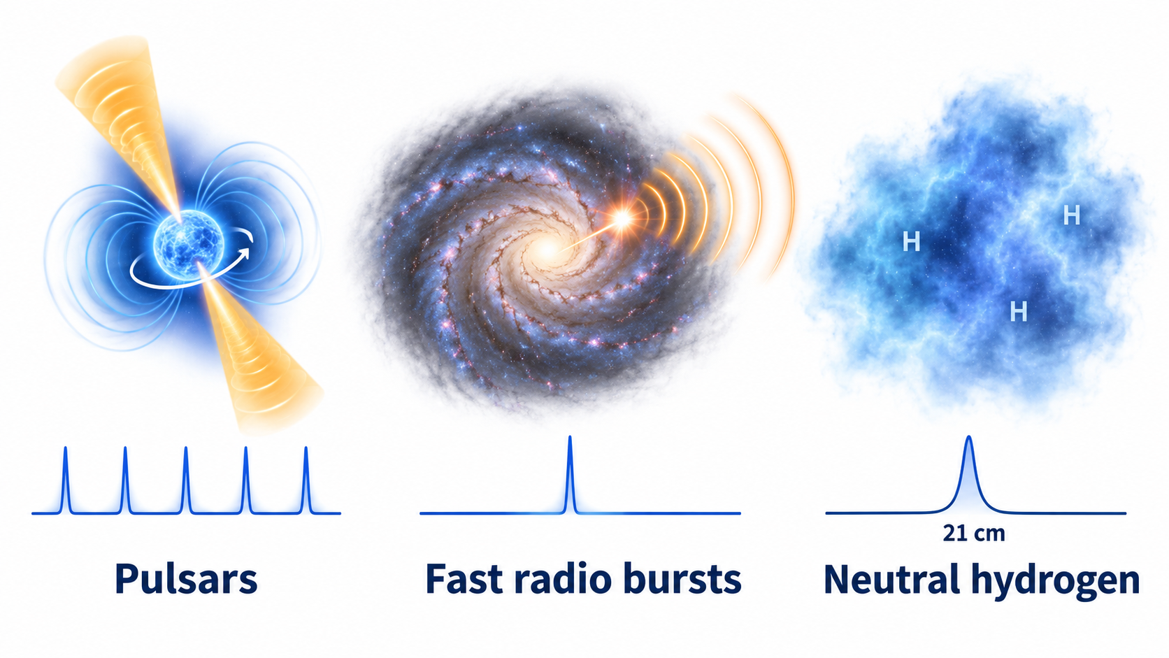 Educational illustration of pulsars, fast radio bursts, and neutral hydrogen